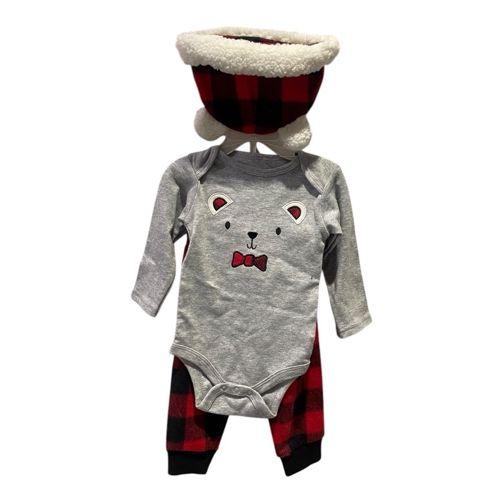 Chick Pea Infants 3 Piece Christmas Set  6-9 Months Bear Buffalo Plaid Winter - Picture 3 of 8